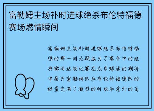 富勒姆主场补时进球绝杀布伦特福德赛场燃情瞬间